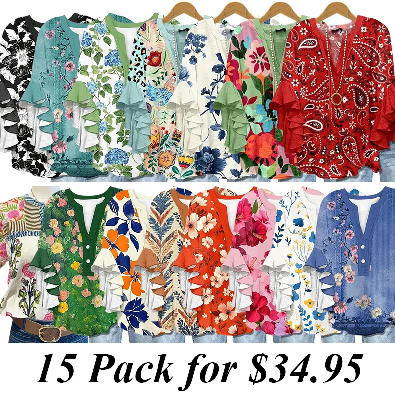 Vintage Floral Print Puff Sleeve Blouse-9PACK,15PACK
