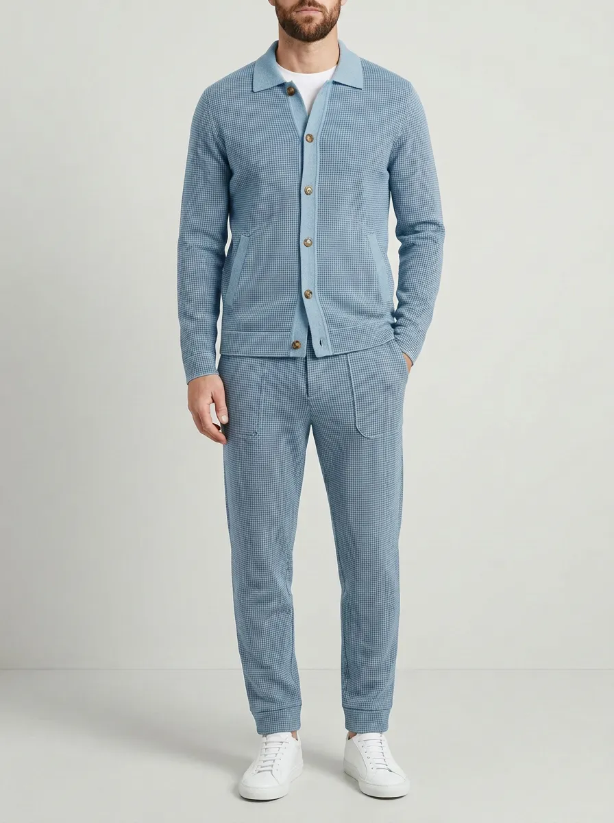 Men's Minimal Houndstooth Polo Collar Jacket and Jogger Pants Set