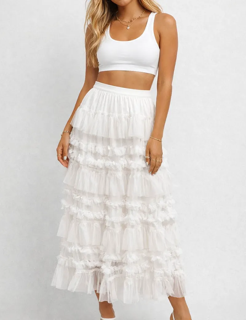 Elastic Waist Mesh Bead Tiered Ruffle Maxi Skirt