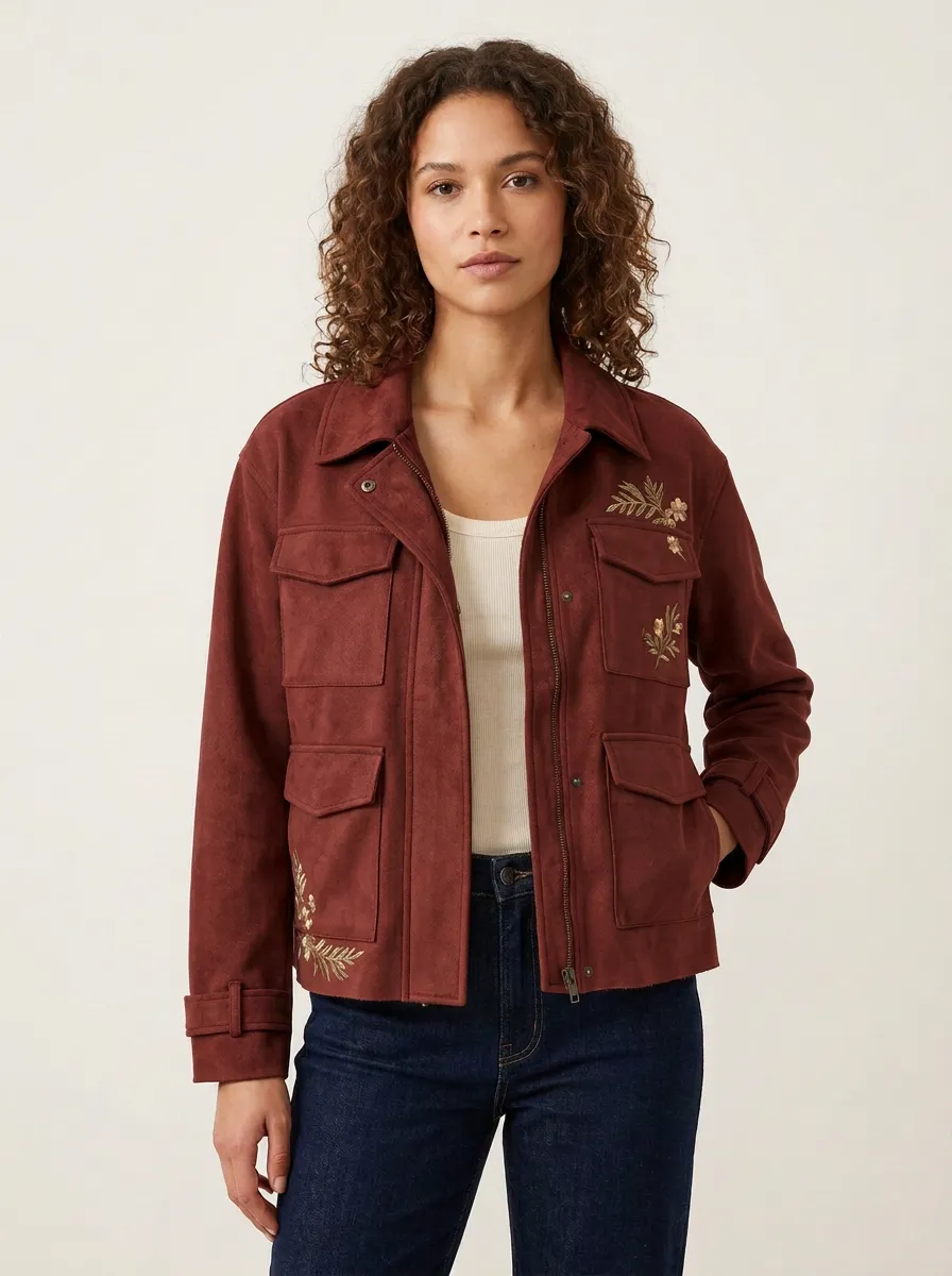 Women's Floral Embroidered Suede Jacket