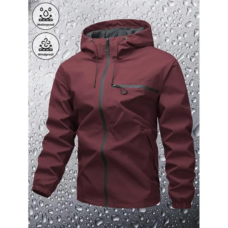 Men's Plain Waterproof Windproof Drawstring Zip Up Hooded Jacket, Casual Long Sleeve Zipper Pocket Design Outerwear for Outdoor Activities, Men's Clothes for All Seasons, Menswear m 65 jacket Stripe Print Baseball Bomber Jacket