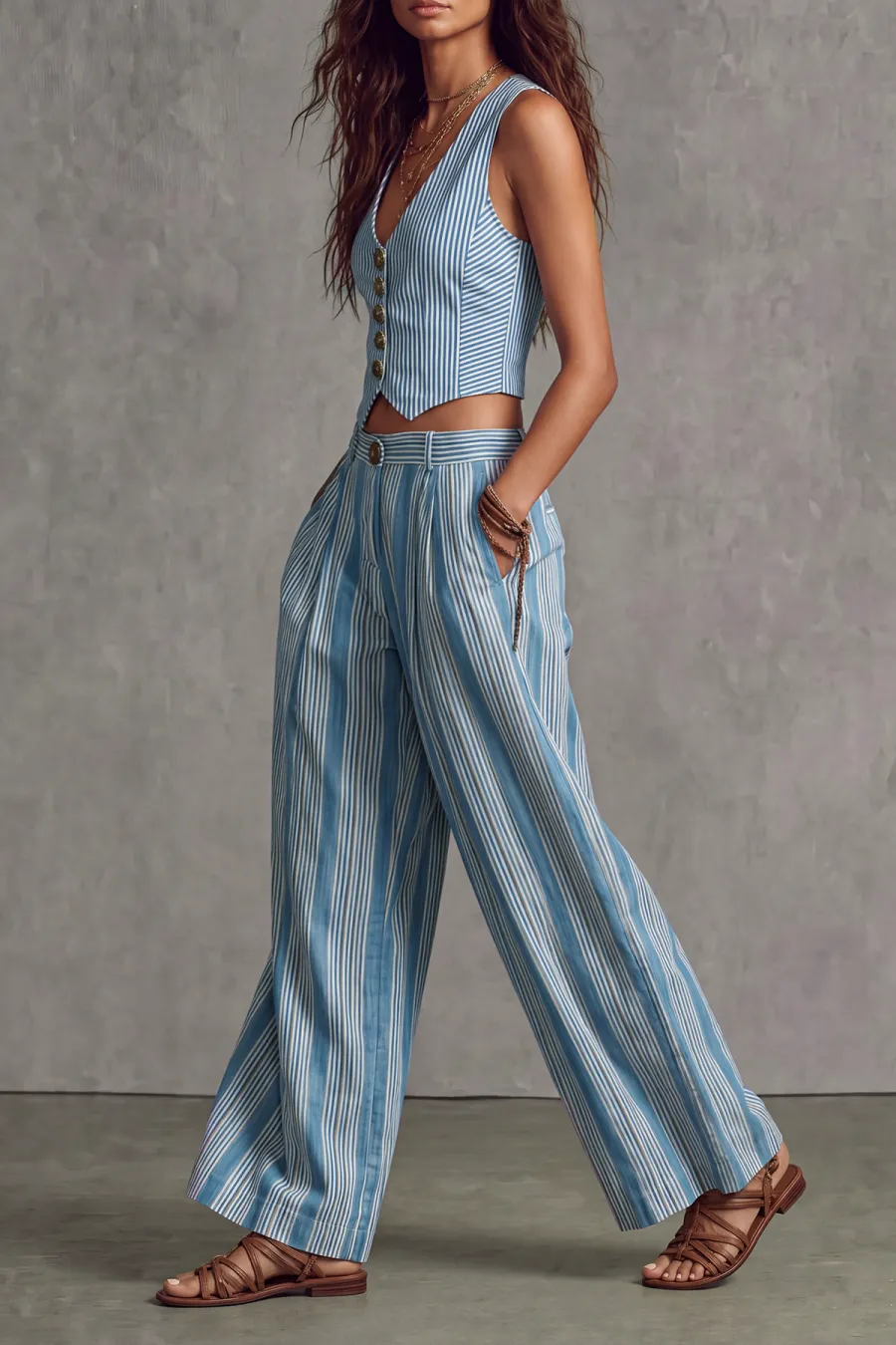 Wide Leg Button Front Striped Matching Pants Set