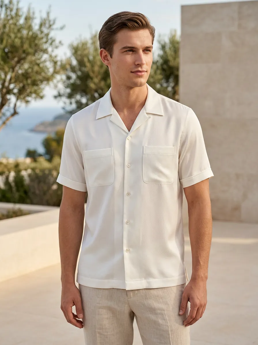 Men's Minimalist Casual Off-White Cuban Collar Pocket Shirt