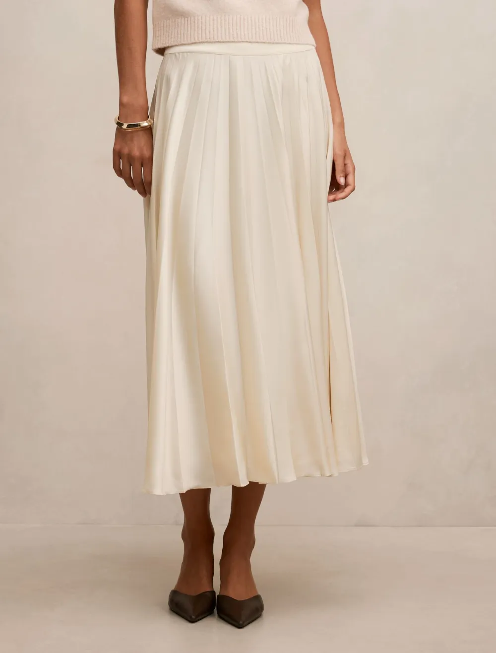 Cream Pleated Midi Skirt