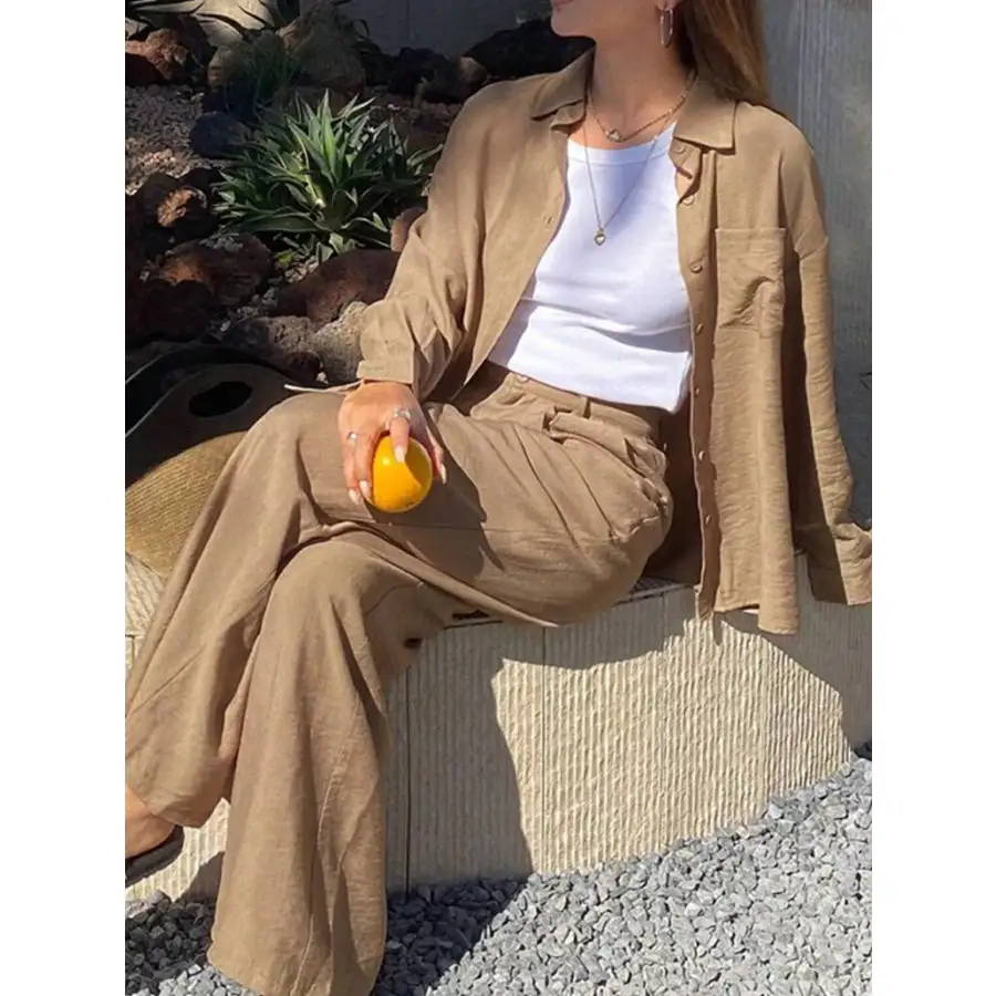 Relaxed Fit Button Up Shirt and Pants Two Piece Set Dress