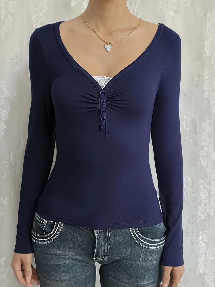 Layered Look Long Sleeve Button Detail Pleat Detail Panel Detail V-Neck T-Shirt