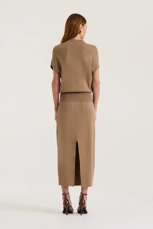Taupe High Neck Knit Midi Dress