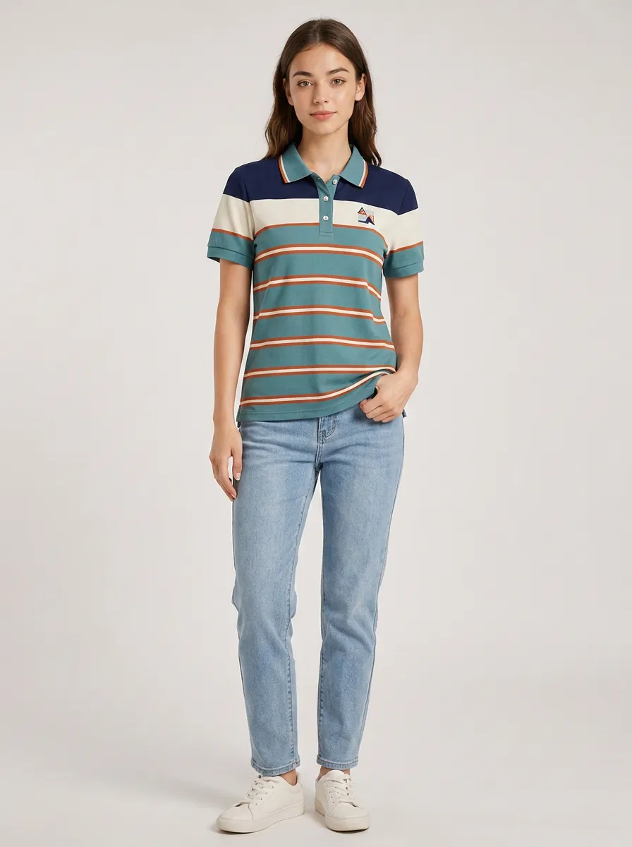 Women's Casual Style Striped Pattern Printed Polo Shirt