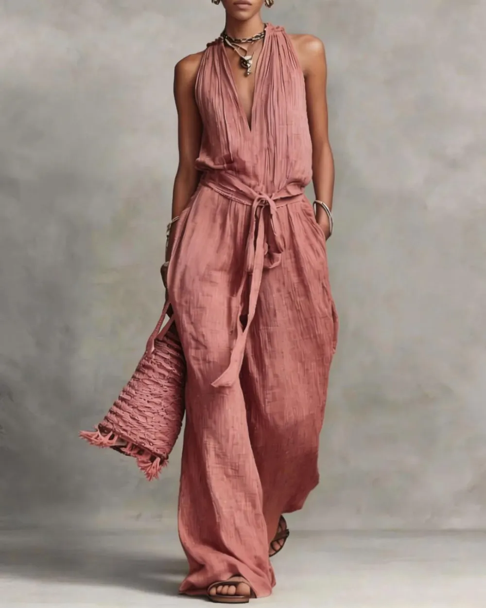 Deep V-Neck Halter Wide-Leg Jumpsuit