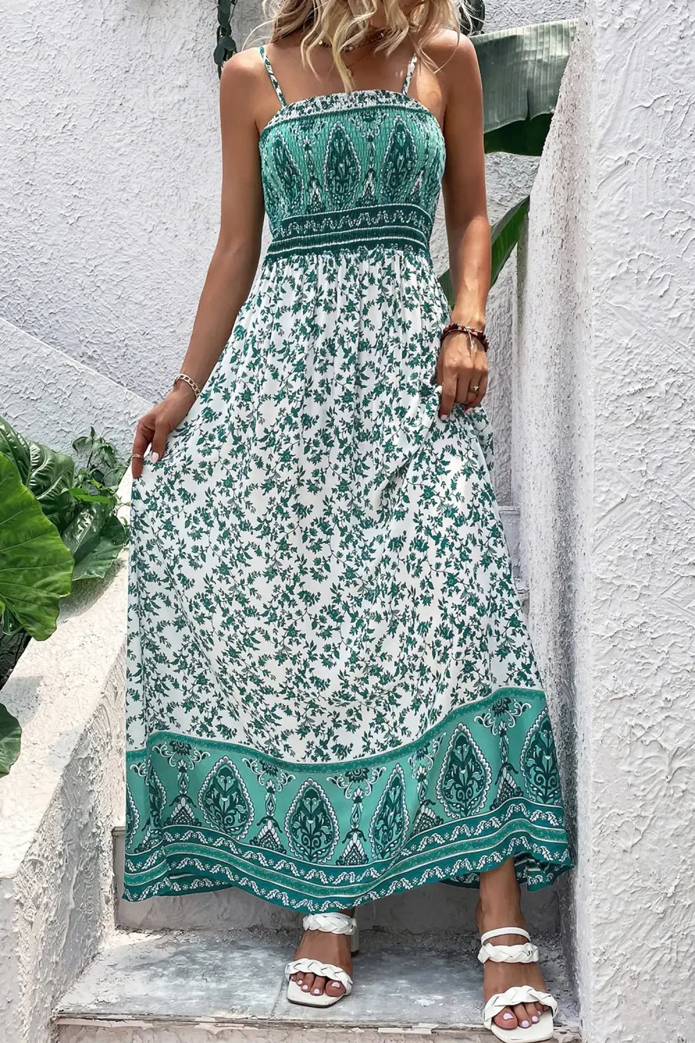 Boho Floral Print Shirred Cami Maxi Dress