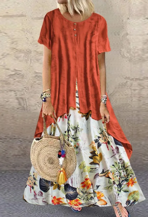 Autumn Cotton-linen print round neck fake two-piece dress short sleeve pullover Dress
