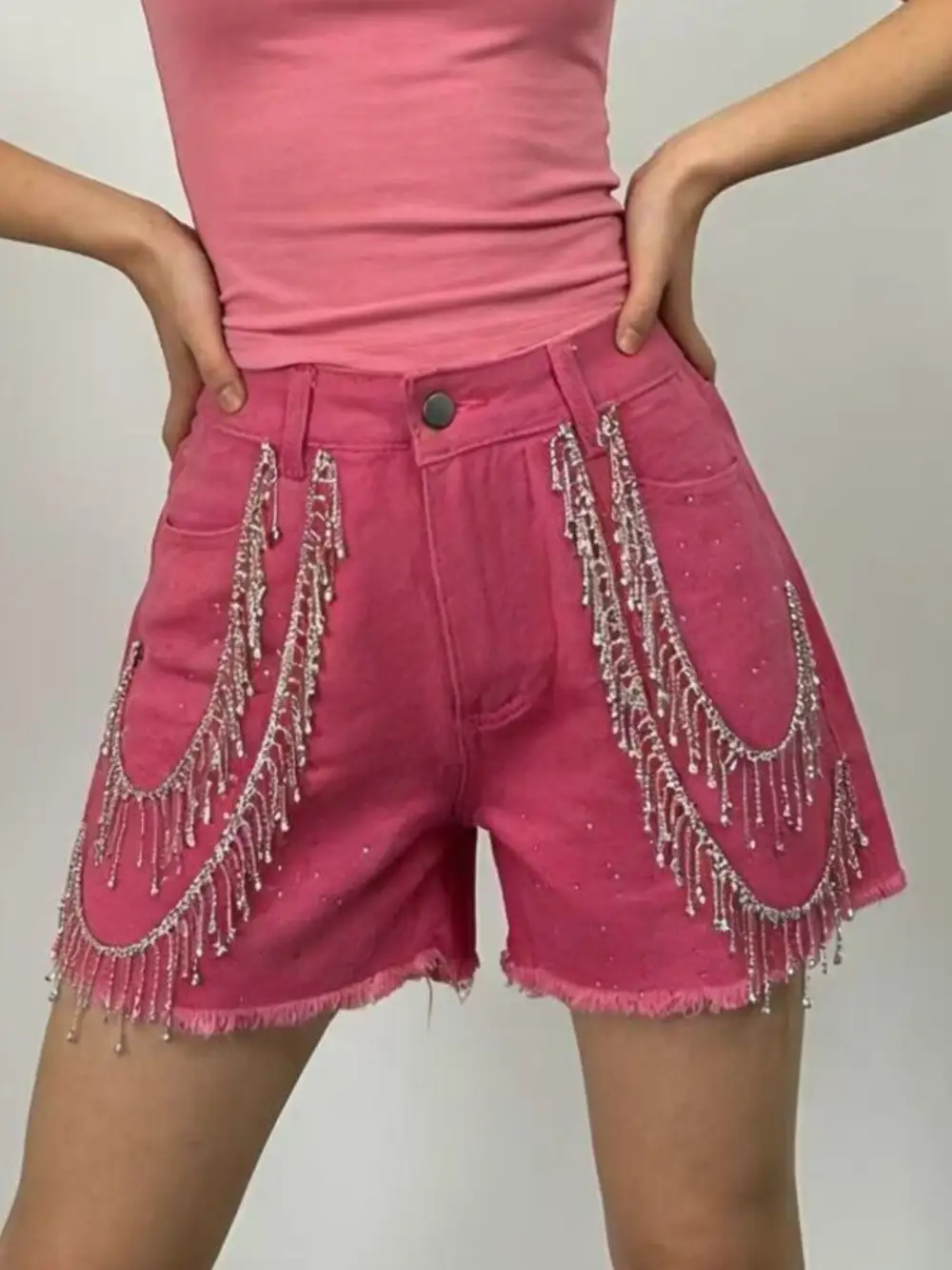 Raw Hem Rhinestone Detail Denim Shorts