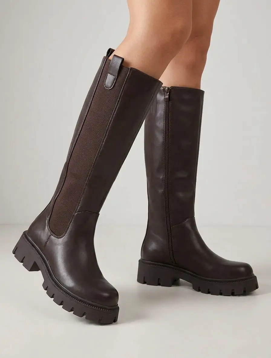Easy Wear Stretch Panel Block Heel Faux Leather Knee High Boots