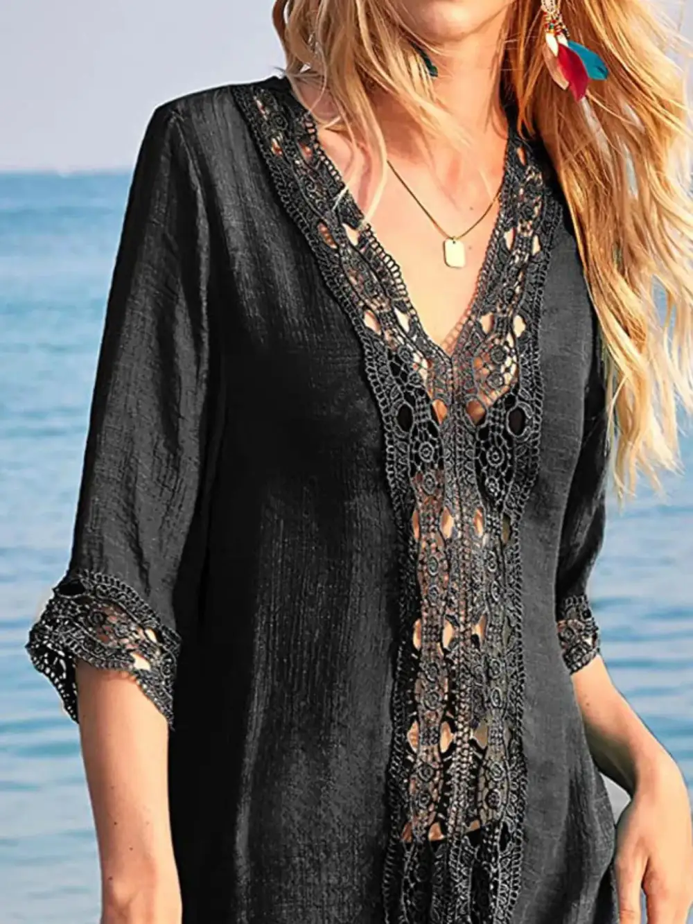 Lace Trim V Neck Swim Cover Up