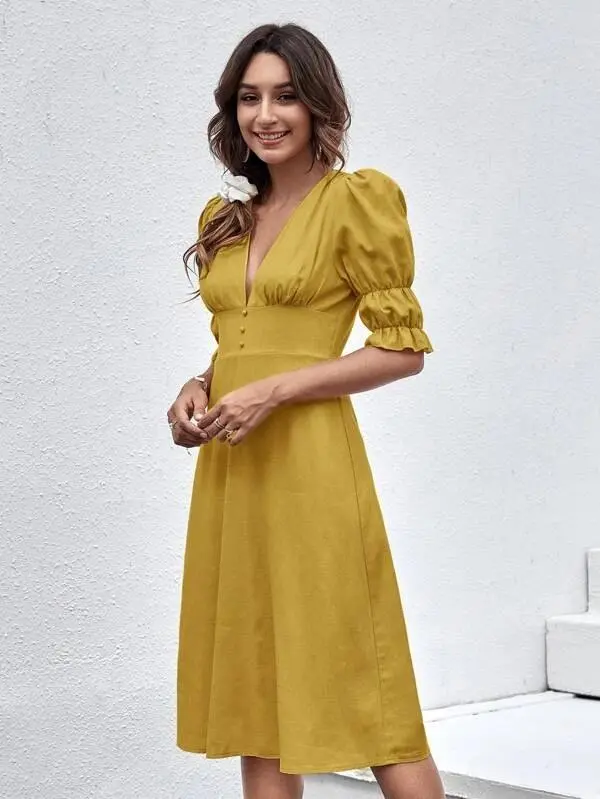 Women Ruffle Cuff Button Front Dress