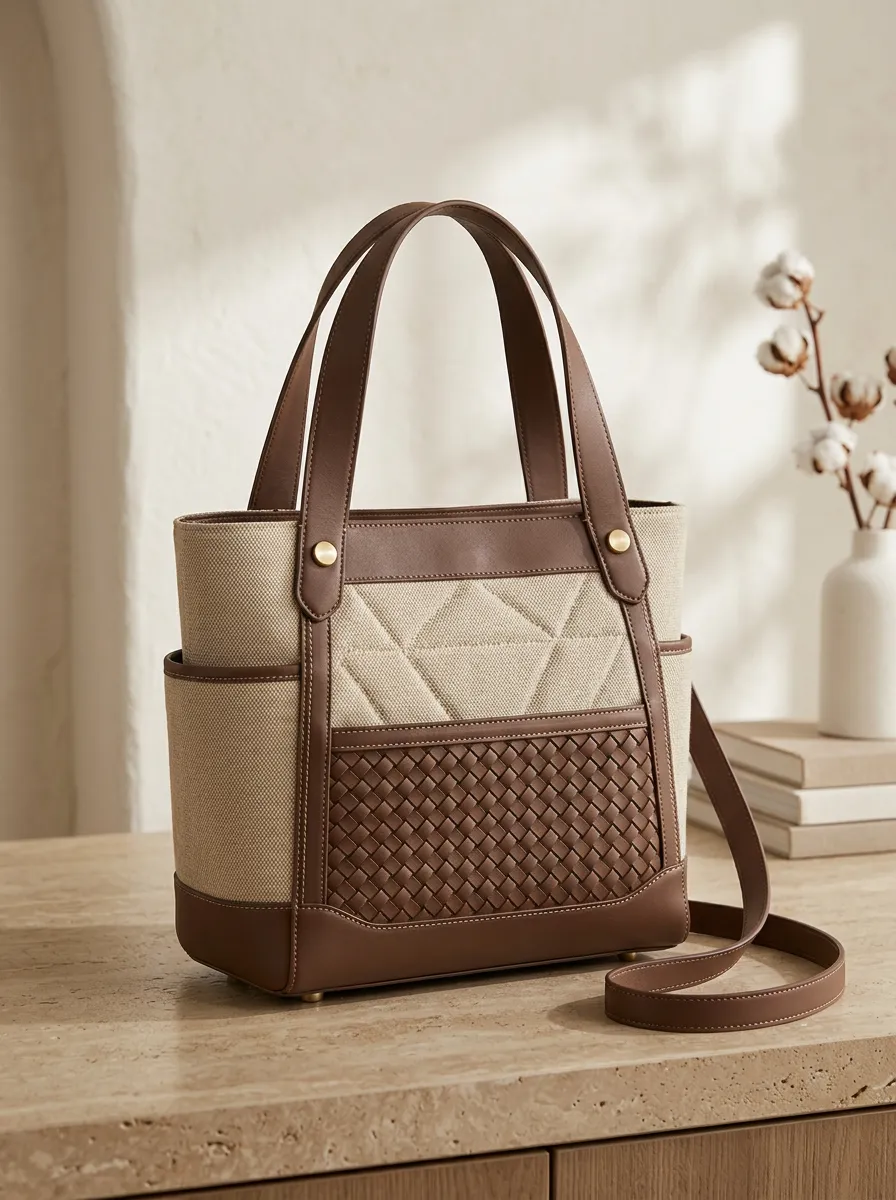 Quilted Woven Leather-Look Trimmed Canvas Tote Bag