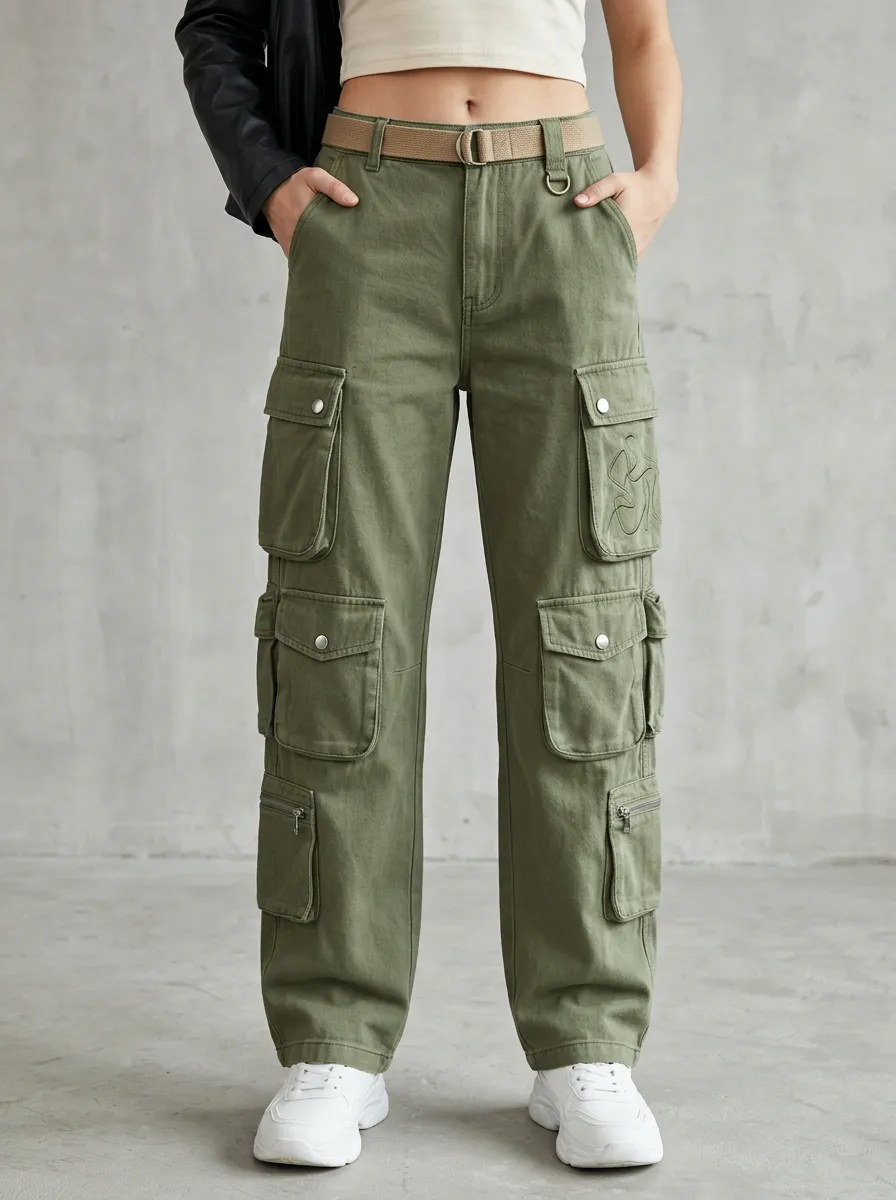 Signature Embroidered Detail Multi Pocket Profile Women's Multi Pocket Cargo Pants