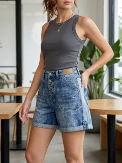 Women's Vintage High-Waisted Button-Fly Acid Wash Denim Shorts