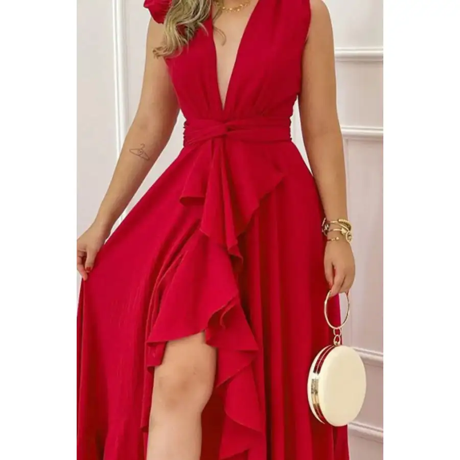 Ruffled Plunge Sleeveless Maxi Dress