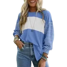 Long Sleeve Fall Tops Oversized 2025 Trendy Round Crew Neck Casual Color Block Womens Shirts Blouses