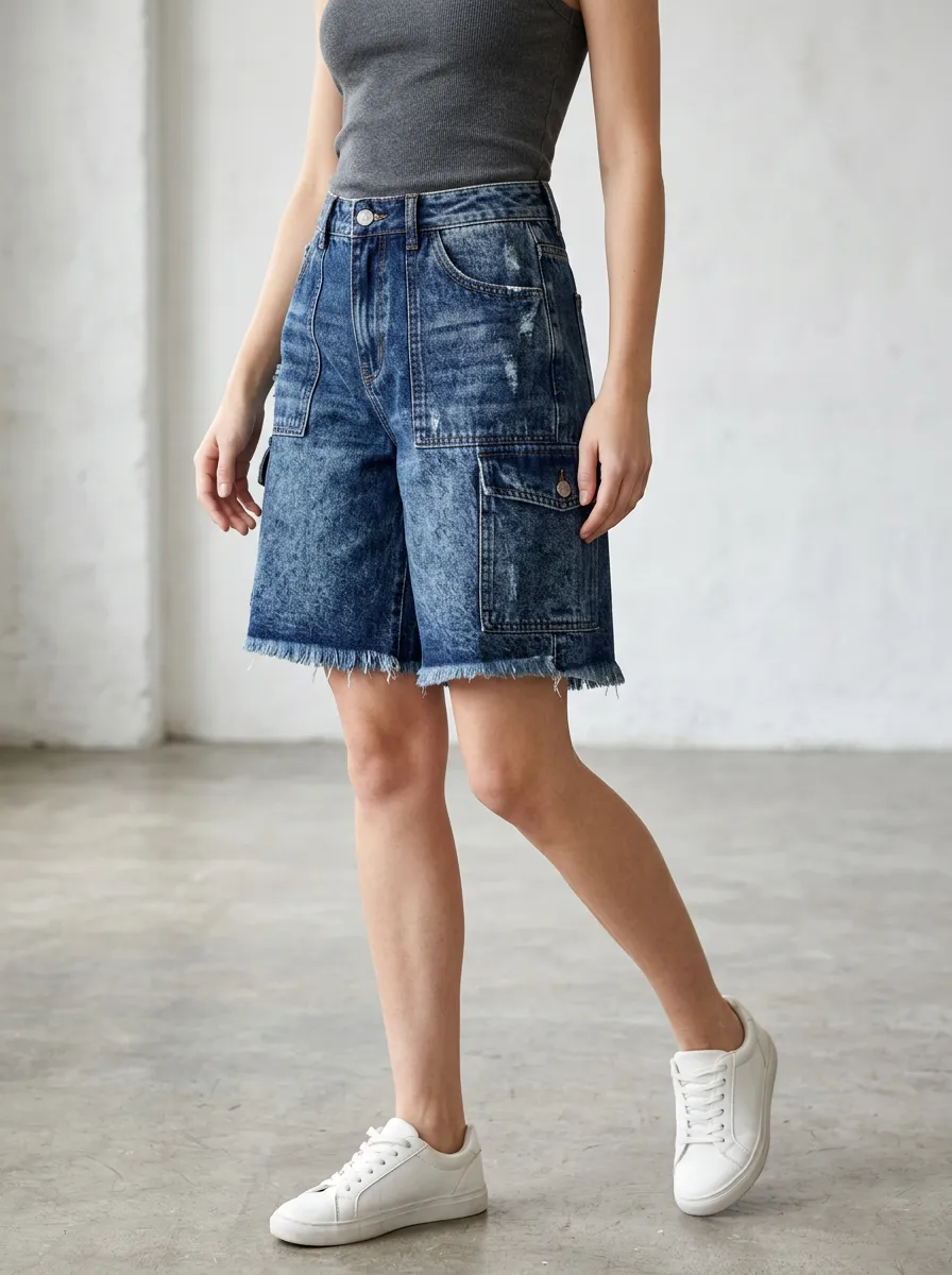 Women's Casual Fashion Acid Wash Distressed Cargo Denim Shorts