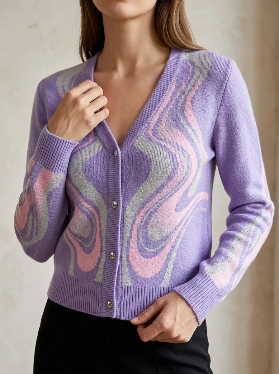 Women's Y2K Aesthetic Swirl Pattern Printed Button Front Casual Layering Cardigan