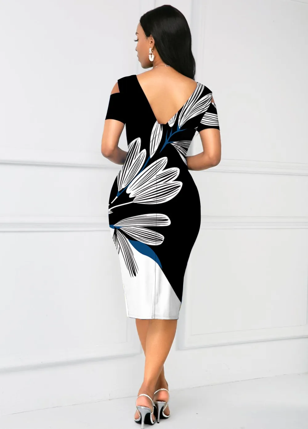 Contrast V Neck Floral Print Bodycon Dress