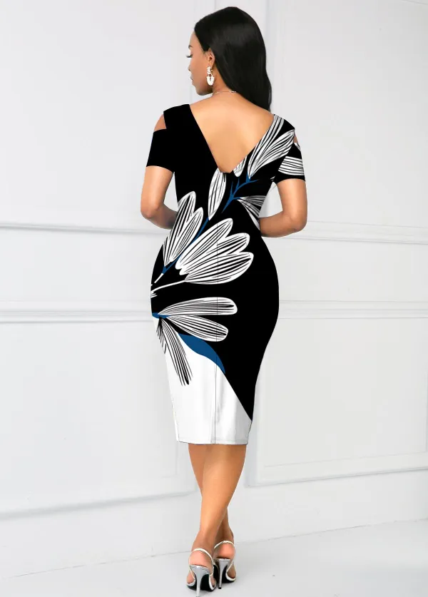 Contrast V Neck Floral Print Bodycon Dress