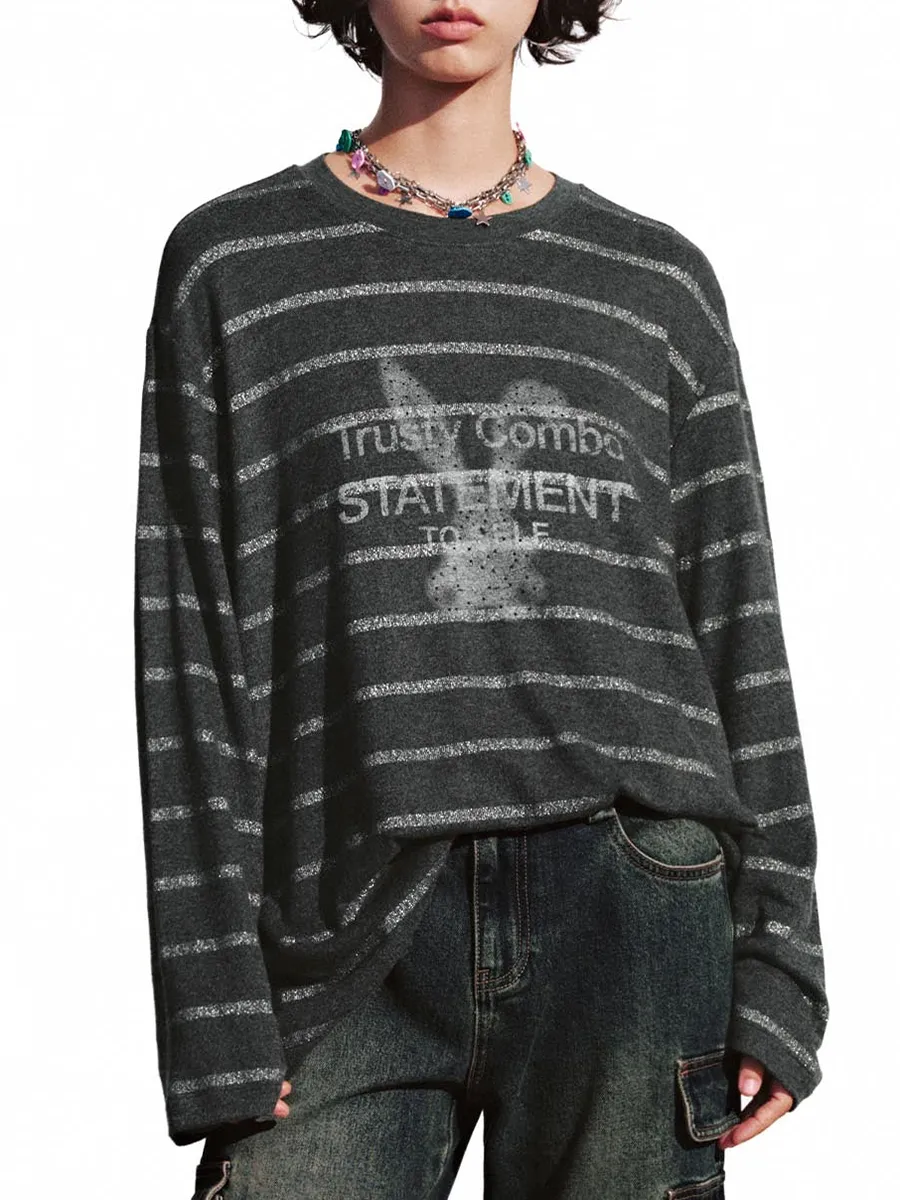 A Loose Round-Neck Casual T-Shirt With Rabbit Print Stripes For Ladies