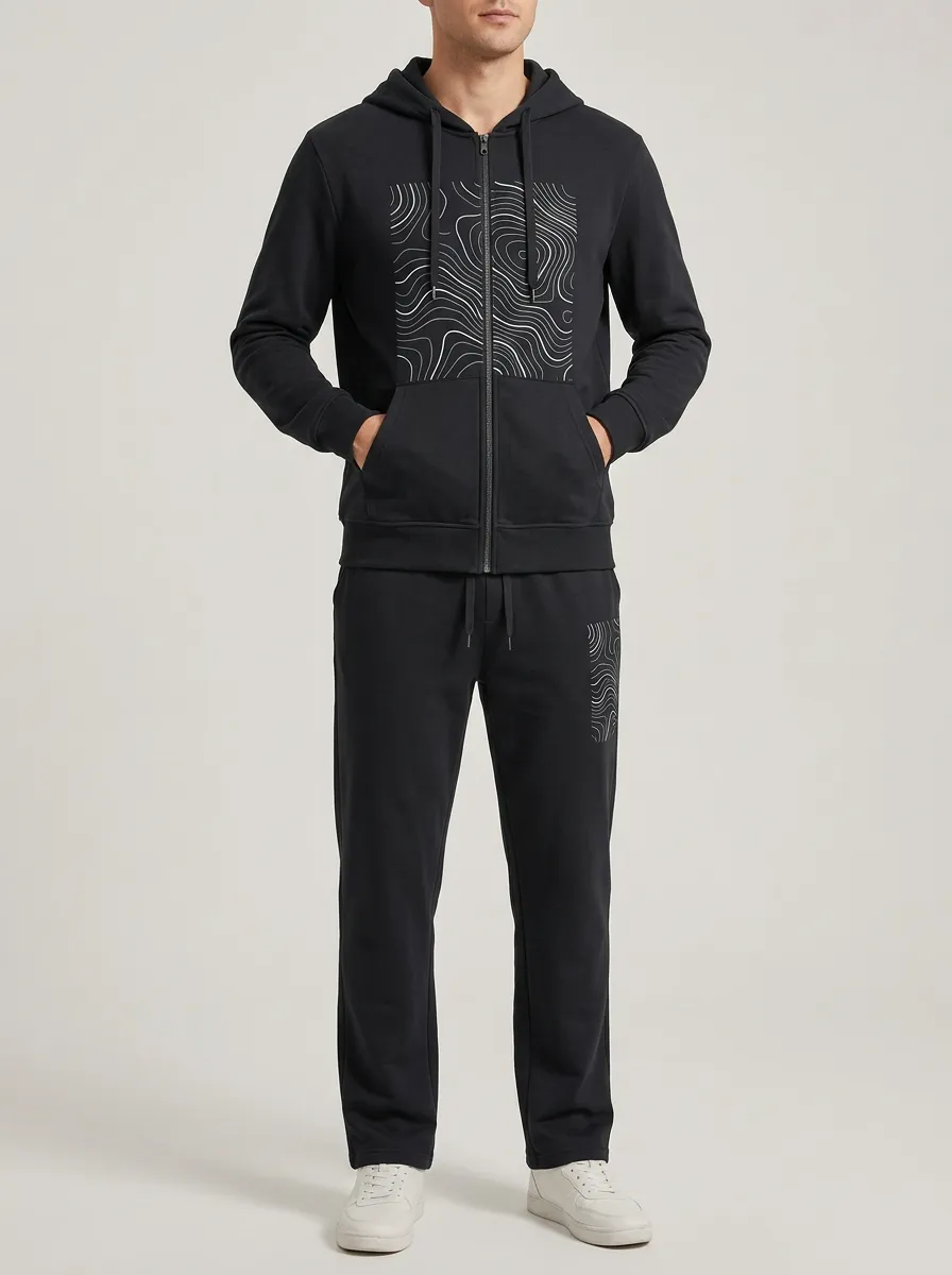 Men's Topographic Line Zip-Up Hoodie & Straight-Leg Jogger Set