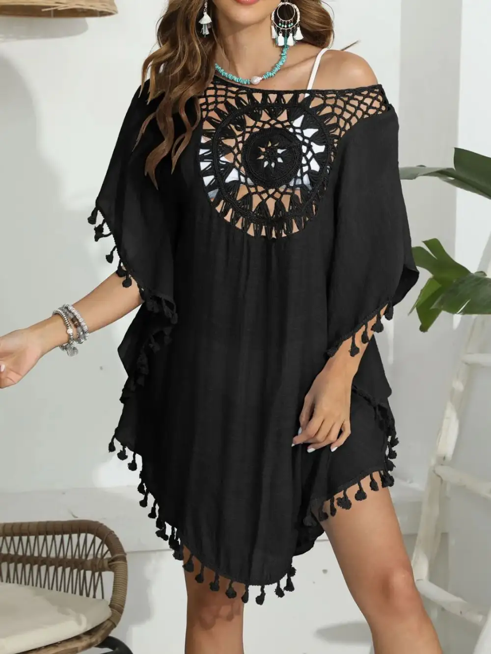 Tassel Crochet Round Neck Swim Cover Up