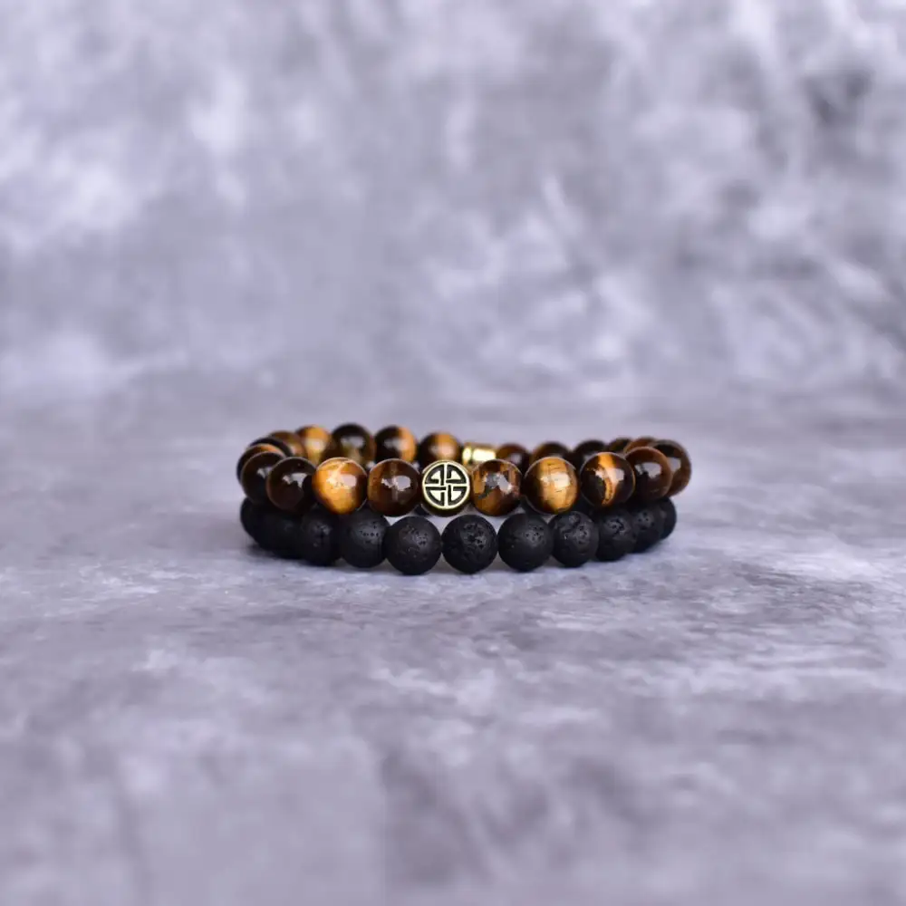 Sleek Celtic Knot Dual-Stone Tiger Eye Lava Bead Bracelet