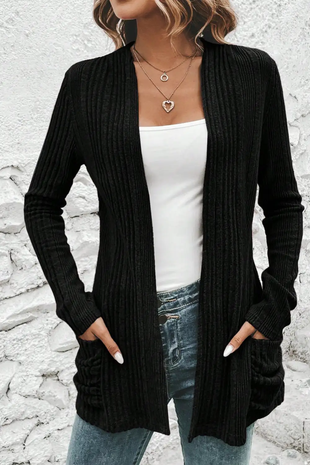 Ribbed Open Front Knit Top Pocketed Knit Everyday Layer Cardigan