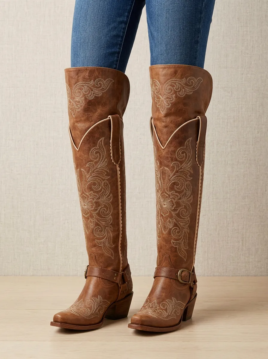 Women's Floral Embroidered Piped Block-Heel Stacked-Heel Western Denim Over-the-Knee Boots