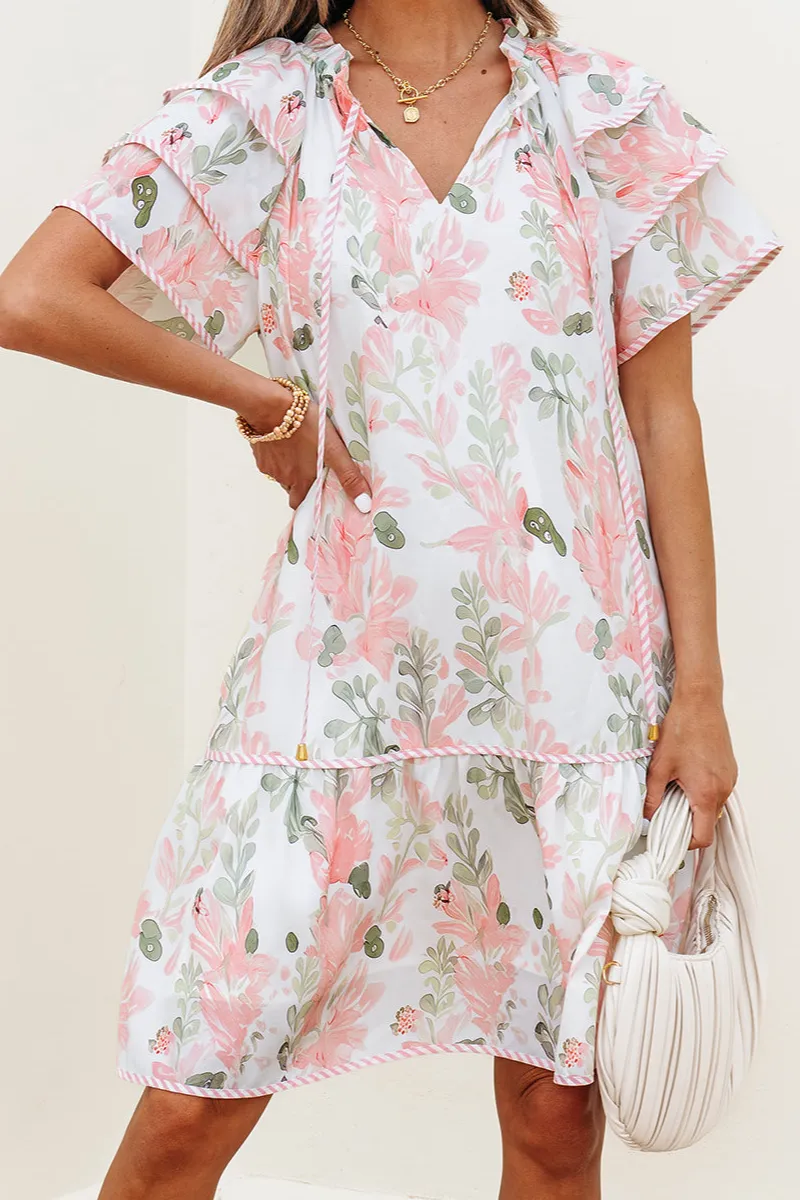 Floral Contrast Edge Layered Short Sleeve Mini Dress