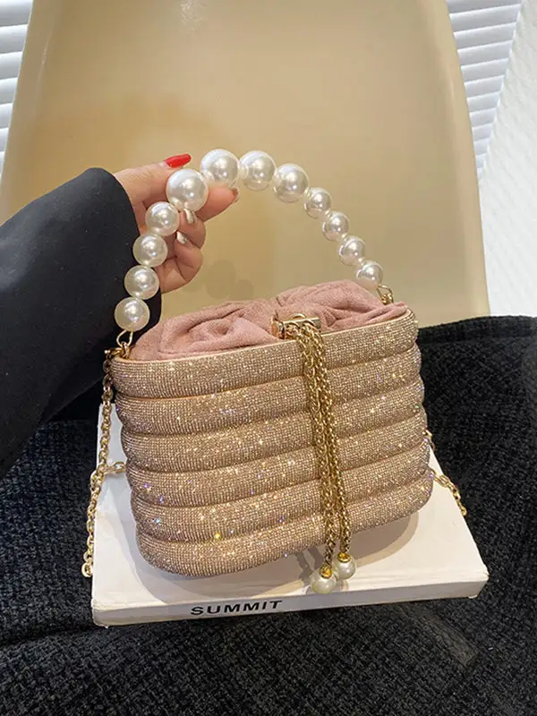 Beads Chains Drawstring Multi-colored Sequined Split-joint Zipper Crossbody Handbag