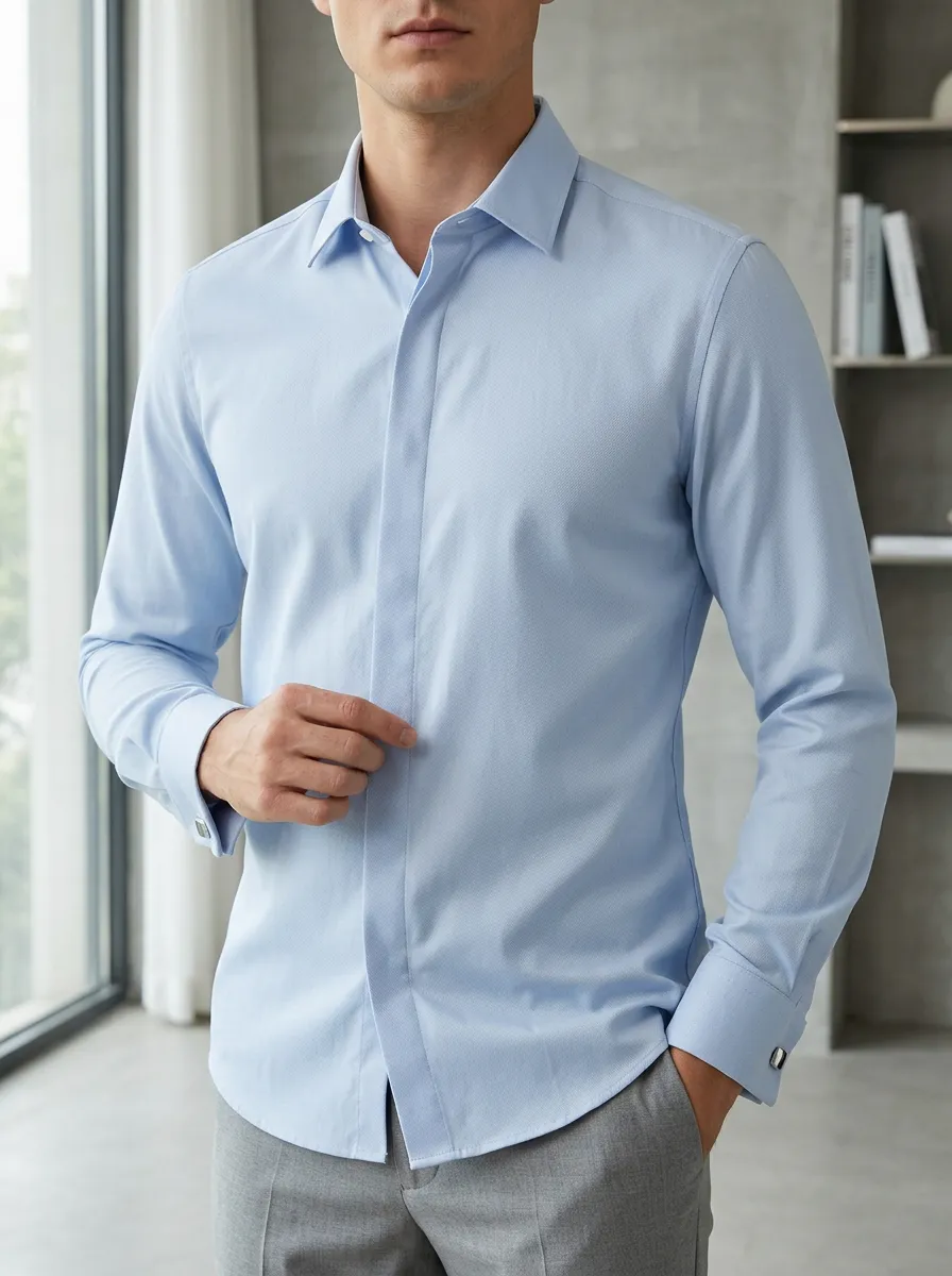 Men's Business Casual Light Blue Slim Fit Long Sleeve Shirt