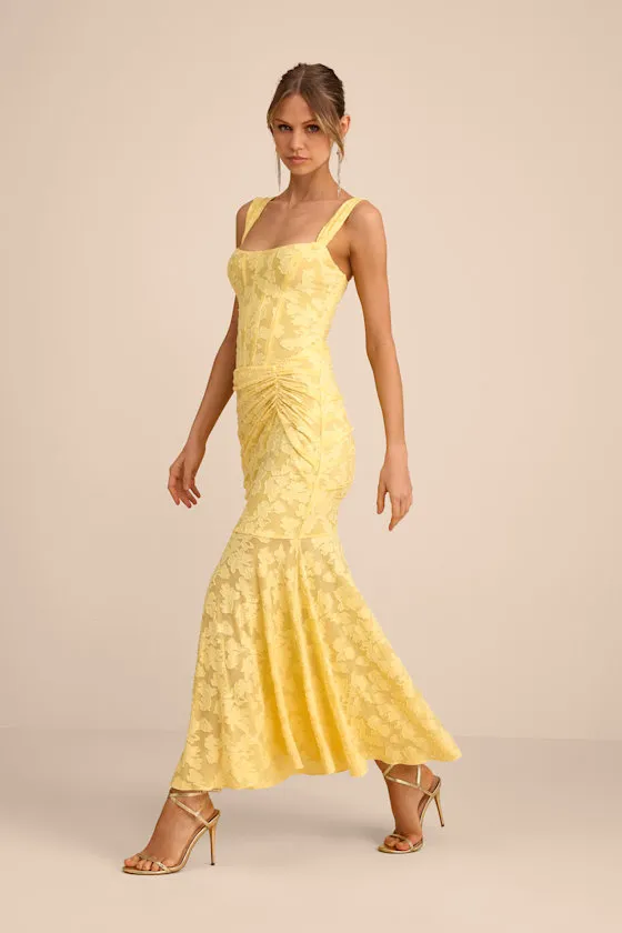 Celeste Yellow Floral Burnout Bustier Maxi Dress