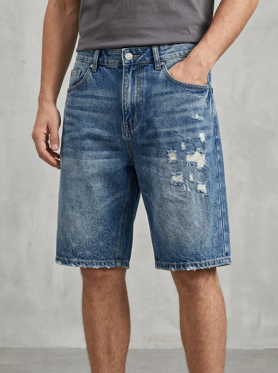 Men's Relaxed Geometric Distressed Raw Hem Distressed Denim Shorts