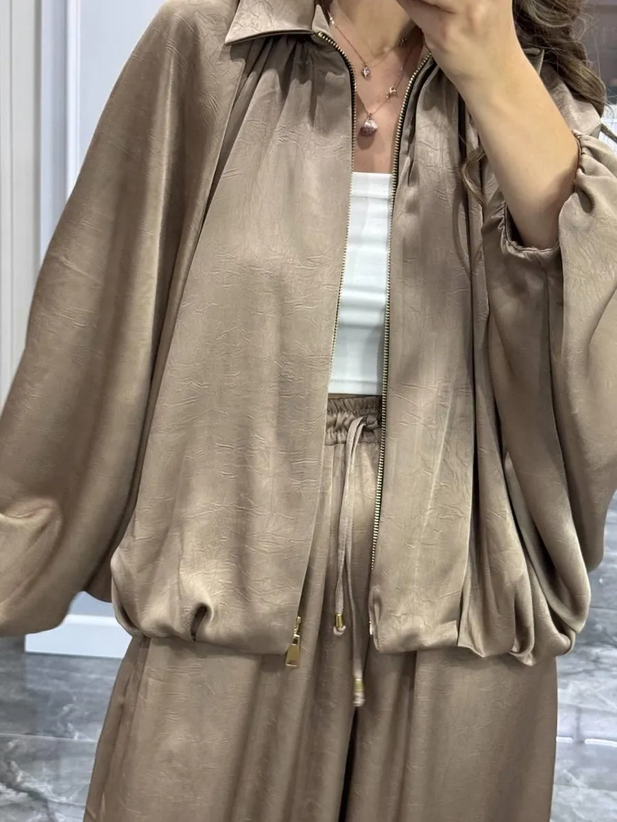 Women's solid color cross-section design casual zipper cardigan & pants set