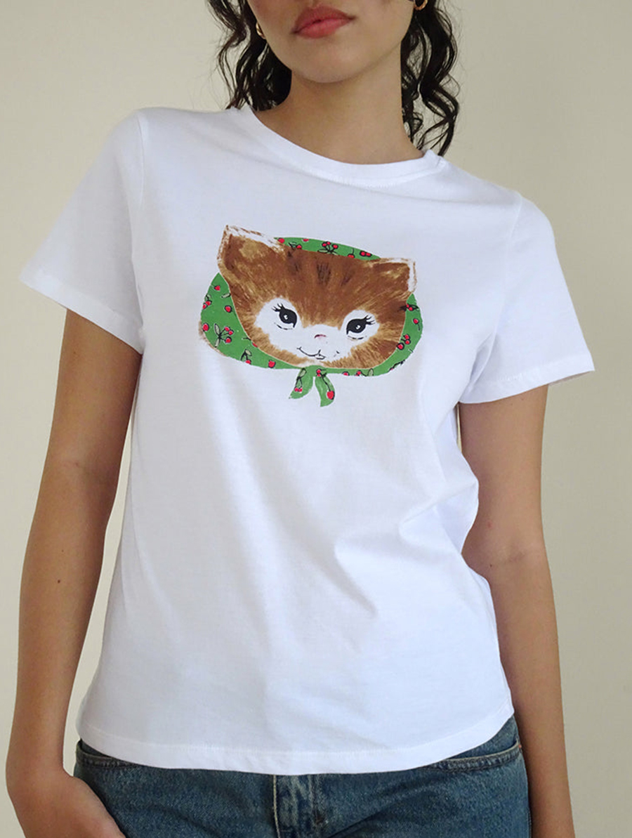 Kitty Print White Tee