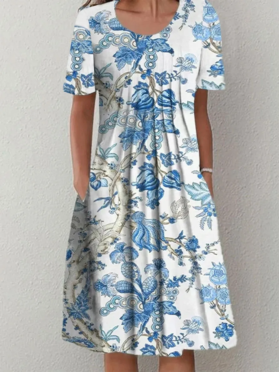 Round Neck Loose Floral Print Summer Short Sleeve Midi Dress