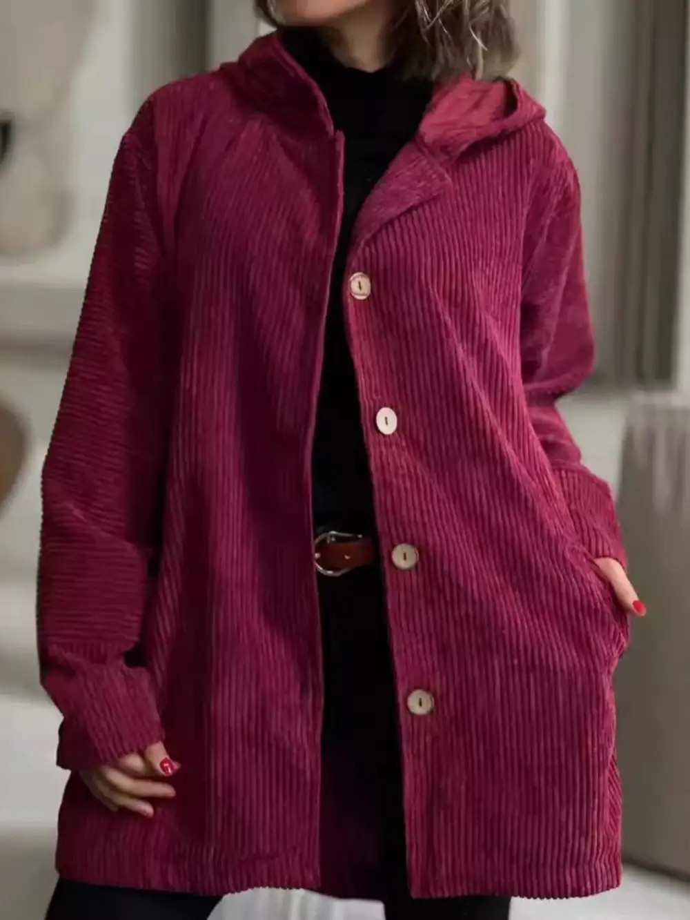 Full Size Corduroy Button Up Hooded Jacket Plus Size