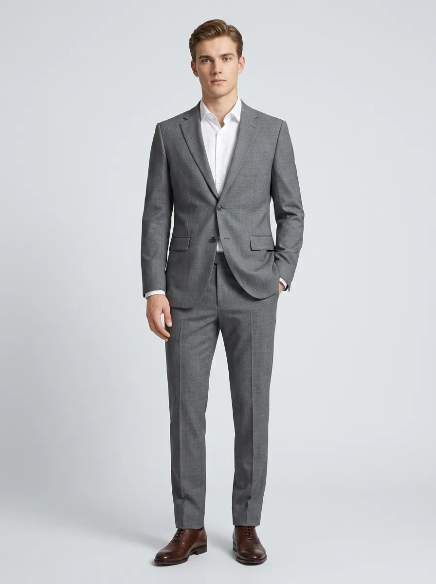 Men's Regular Fit Business Formal Grey Solid Tailored Suit Set