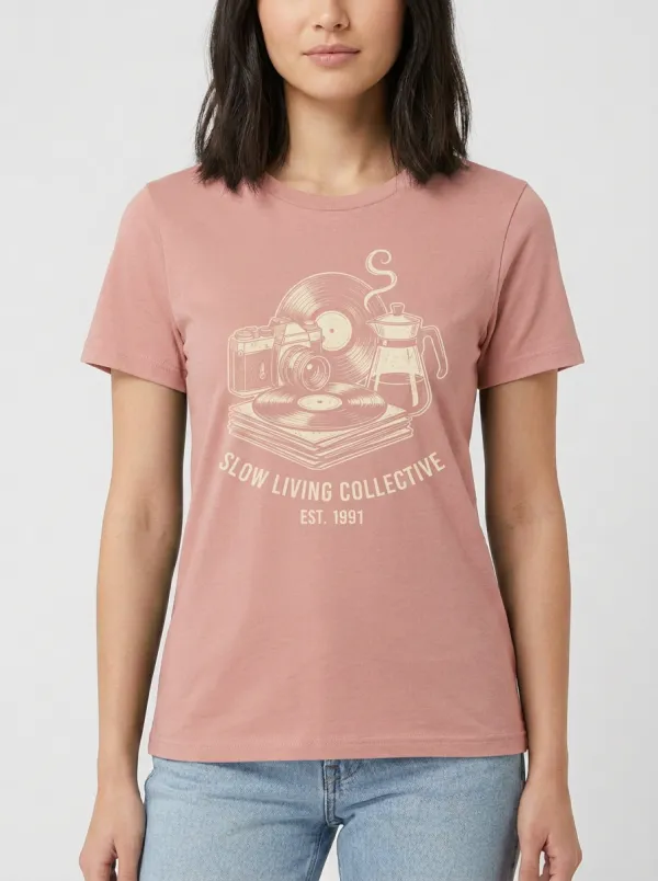 Women's Slow Living Vinyl Camera Coffee Graphic T-Shirt