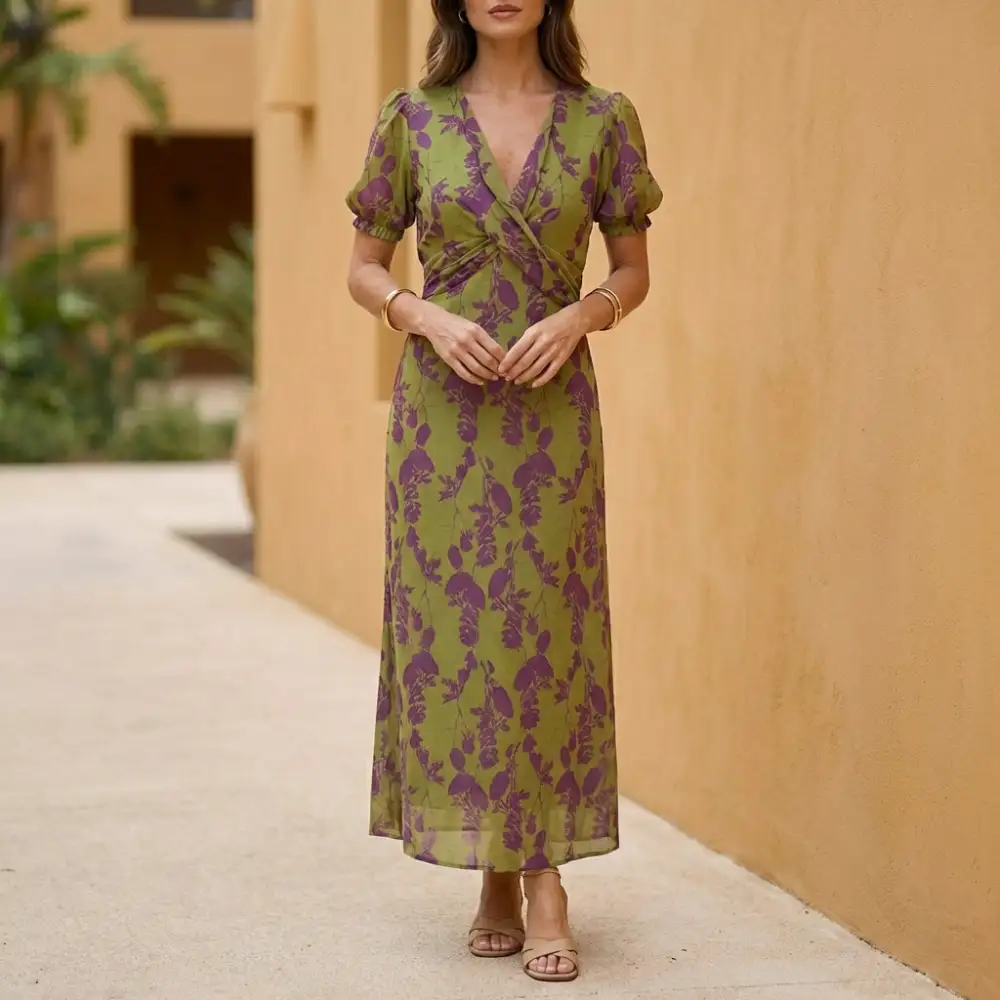 A Line V Neck Puff Sleeve Floral Maxi Dress