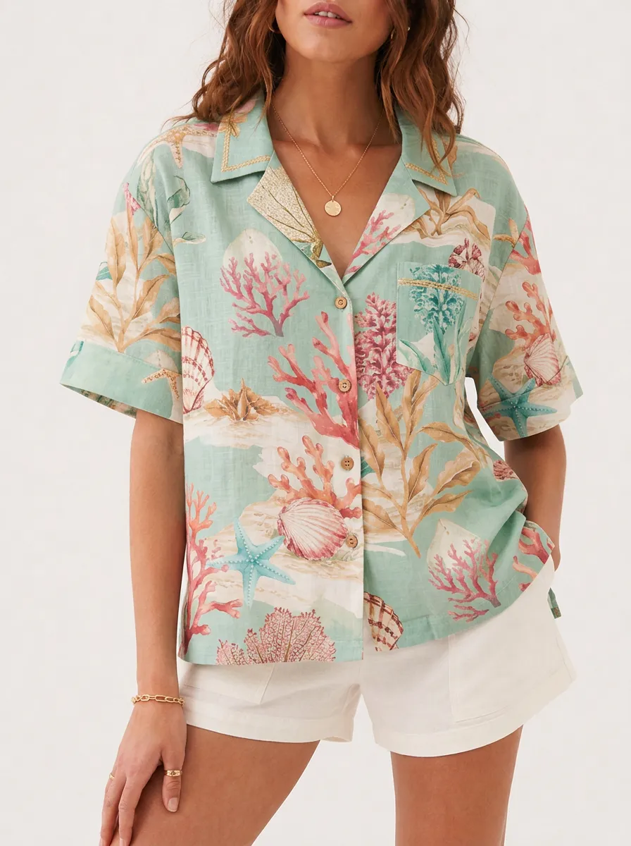 Women's Coastal Print Camp Collar Chest Pocket Short Sleeve Side Slit Hem Shirt