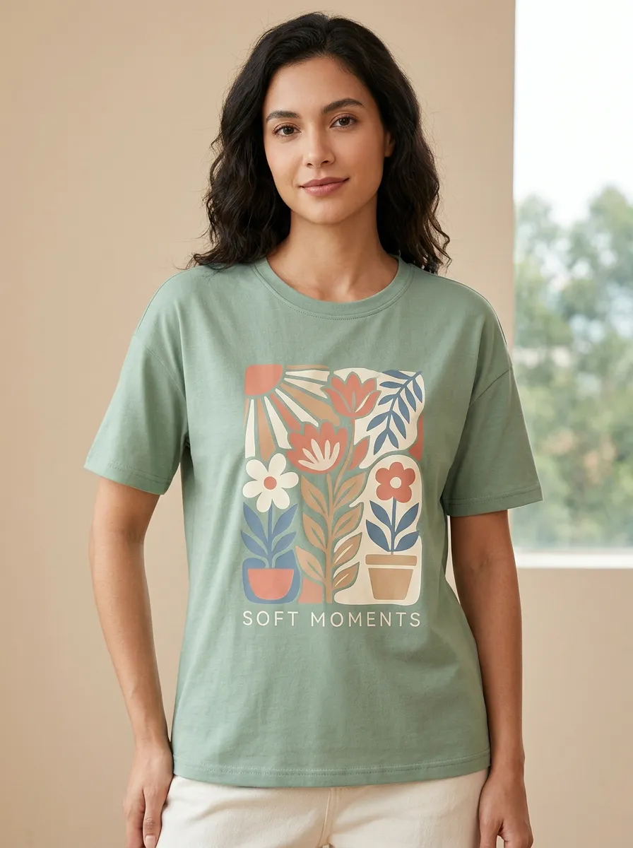 Women's Retro Floral Sun Soft Moments Print T-Shirt