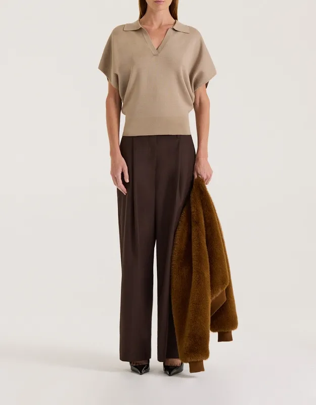 Taupe Waisted Polo Knit Top