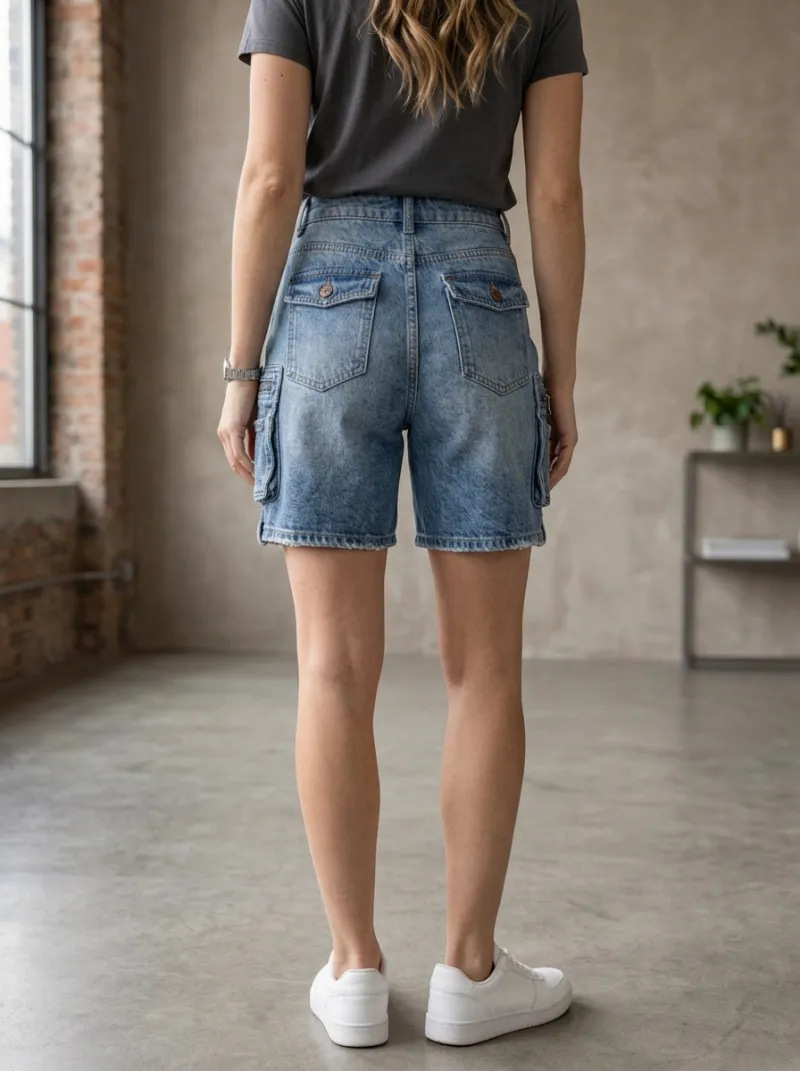 Women's High-Waisted Button-Fly Cargo Denim Shorts
